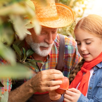 child with grandfather working field
