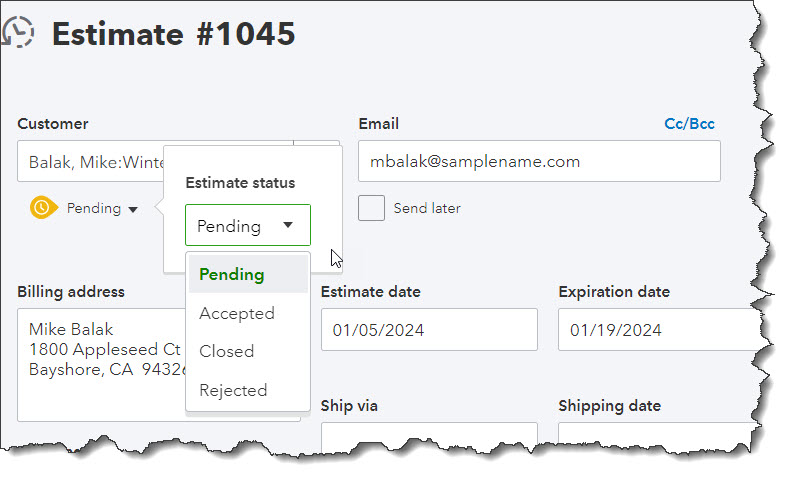 estimate section in quickbooks