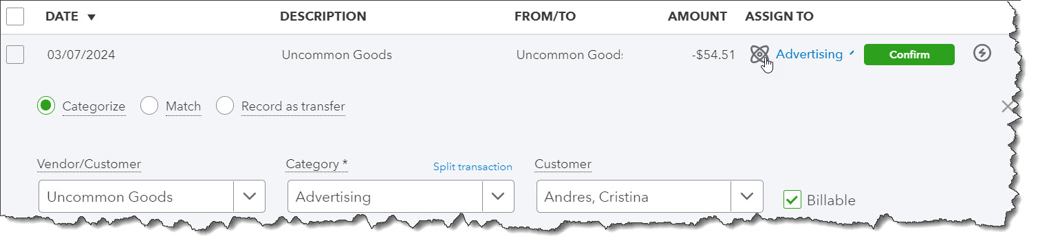 quickbooks transaction section