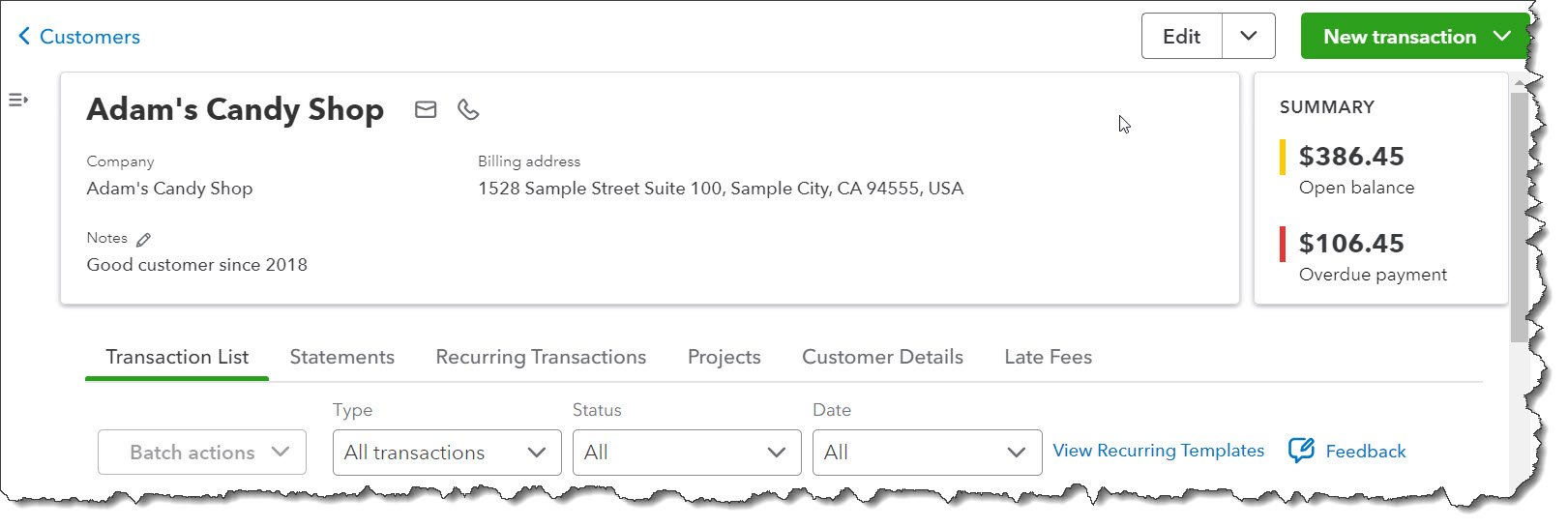 section in quickbooks